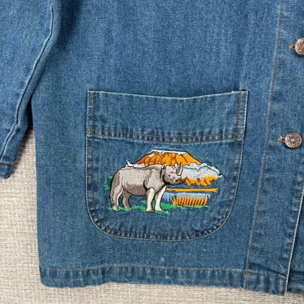 Vintage Casey Coleman Denim Safari Animal Chore Jacket Women ML Embroidered Boho - Picture 8 of 13
